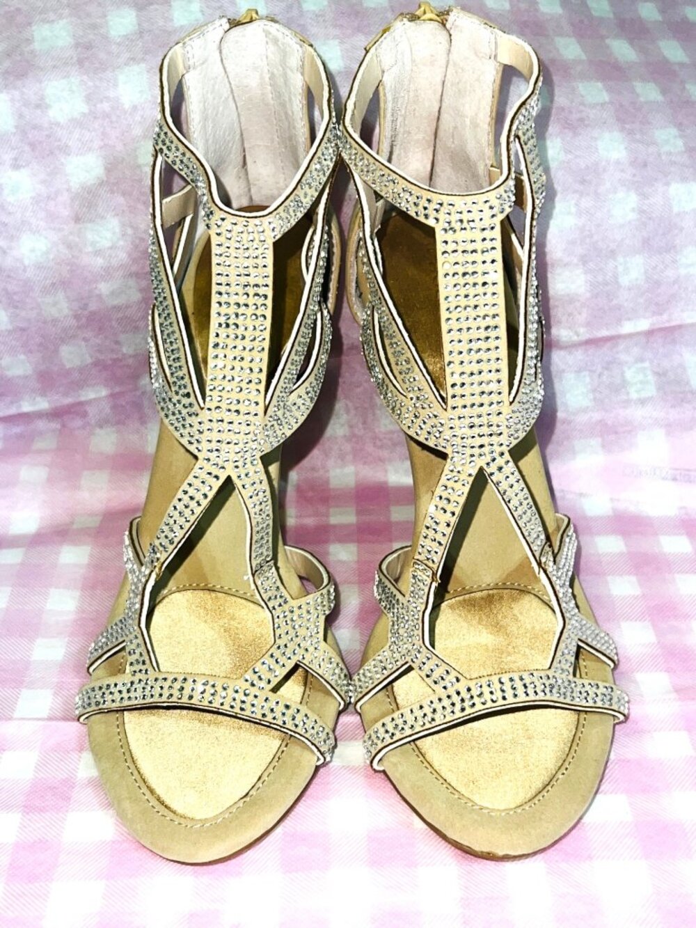 BCBGGeneration 7.5M Women’s Gold Rhinestone Suede High Heel Sandals Back Zipper - Picture 2 of 8